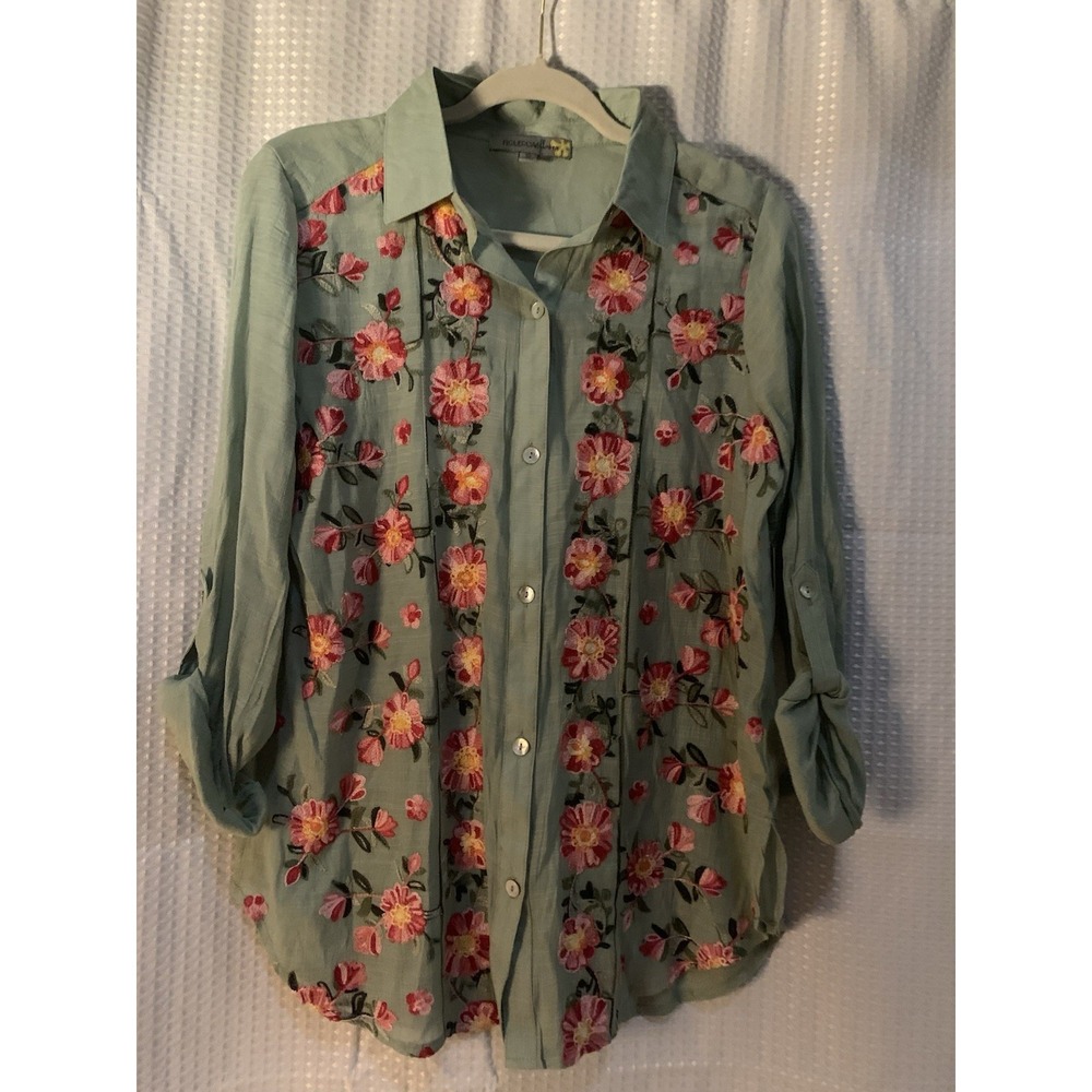 Figueroa And Flower Womens Small Green Pink‎ Embroidery Floral Blouse